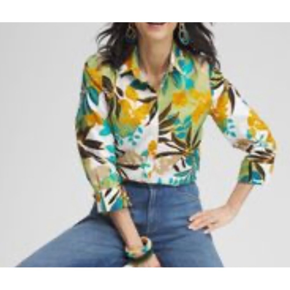 Chico's Size 3 US 16 Floral Tropical Leaf Button Down 3/4 Sleeve Shirt Green